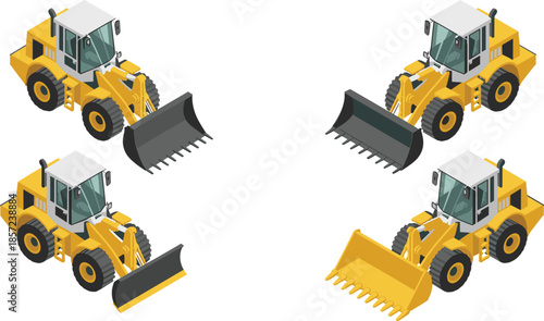Isometric wheel loader illustration set featuring front loader construction machinery with different buckets heavy equipment isolated on white