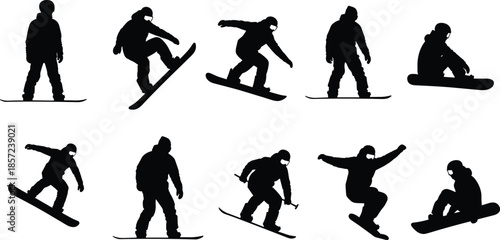 Collection of Professional Snowboarder Silhouettes Featuring Men Performing Jump Tricks and Winter Sports Action Poses Isolated on White Background for DesignWeb