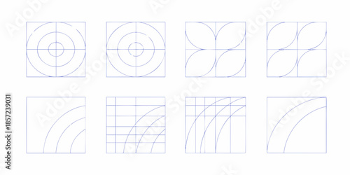 Geometric patterns a series of abstract curved line designs within square frames