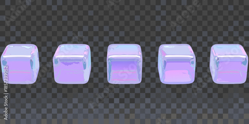 A row of five iridescent translucent cubes against a dark background
