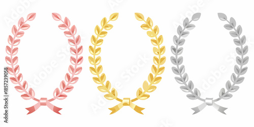 A collection of laurel wreaths in bronze gold silver and pink