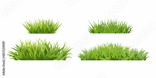 A collection of vibrant green grass patches isolated on a white background