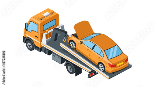 Isometric Tow Truck Transporting Damaged Car with Open Hood.