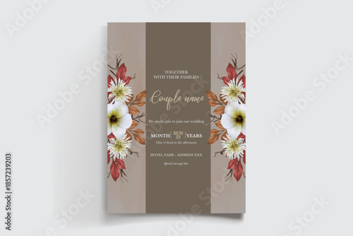 WEDDING INVITATION FRAME WITH FLOWER DECORATIONS AND FRESH LEAVES