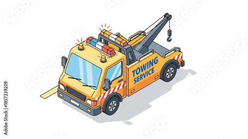 Isometric Towing Service Truck Illustration with Crane and Warning Lights.