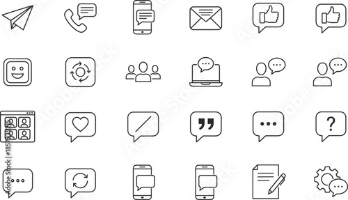 Outline Vector Icon Set Representing Digital Communication Customer Engagement Social Media Interaction Online Support Messaging Systems and Professional Connectivity Concepts
