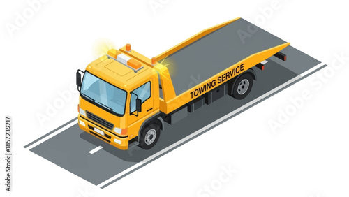 Isometric Yellow Tow Truck on Gray Road Illustration.