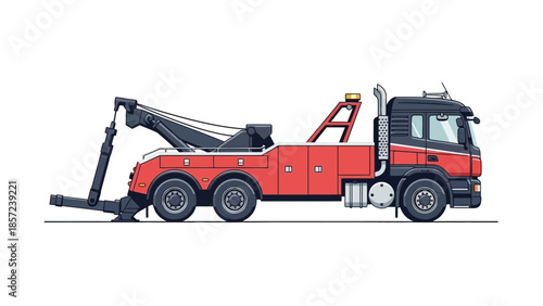 Red Tow Truck with Crane Arm for Vehicle Recovery.