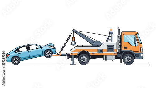 Tow Truck Hooking Up Damaged Car for Transportation.