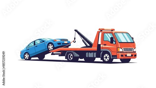 Tow Truck Transporting a Blue Car Illustration.