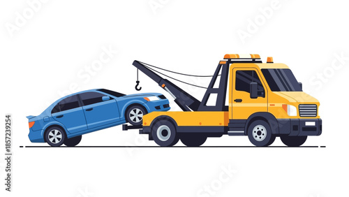 Tow Truck Transporting a Blue Car for Repair or Impound.