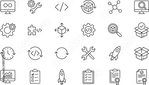 Outline Vector Icon Set Representing DevOps Engineering Software Deployment Product Launch Technical Troubleshooting System Architecture and Professional Digital Development Concepts