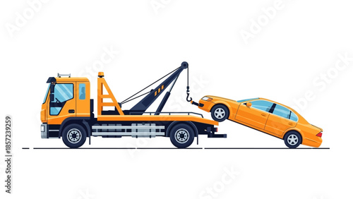 Tow truck transporting a damaged car, roadside assistance concept.