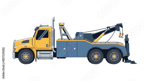 Yellow and Blue Tow Truck with Crane and Worker.