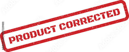 A vivid red rectangular rubber stamp imprint clearly showing the words PRODUCT CORRECTED indicating a revision