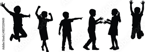 Silhouettes of children in playful poses, black figures, jumping, pointing, flexing, interaction gesture, expressive movement, white background, childhood energy