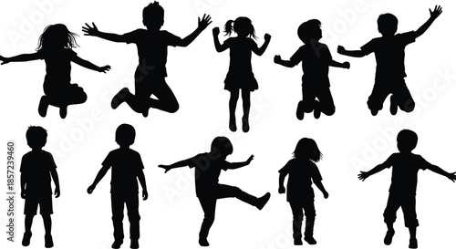 Silhouettes of children in active poses, black figures, jumping, running, dancing, kicking, expressive movement, white background, childhood play and energy