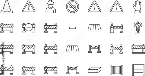 Outline Vector Icon Set Representing Safety Barriers Traffic Control Construction Zone Road Maintenance Civil Engineering and Industrial Site Security Concepts