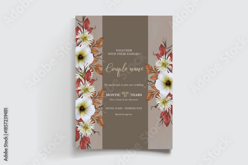 WEDDING INVITATION FRAME WITH FLOWER DECORATIONS AND FRESH LEAVES