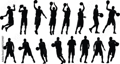 Basketball player silhouettes set showing dynamic actions, jumps, shots and dribbling poses isolated on white background