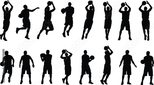 Professional Basketball Player Silhouette Set Collection Featuring Athletes Dribbling Shooting Jumping and Passing in Action Poses Isolated on White Background for SportsWeb