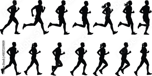 Running silhouettes sequence featuring male and female runners jogging in dynamic motion for fitness, endurance and marathon training isolated on white backgroundWeb