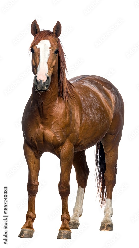 Fototapeta premium Chestnut horse stands tall, looking forward. Isolated on white, with a blaze on its face and white socks