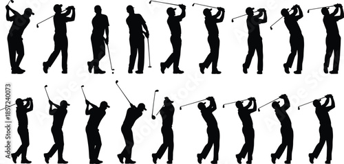 Golf player silhouettes sequence showing full swing motion, tee shots and follow through poses isolated on white backgroundWeb