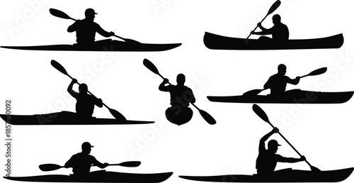 Kayaking and canoeing silhouettes set showing paddlers rowing boats in dynamic water sport action isolated on white backgroundWeb
