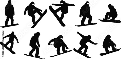 Snowboarder silhouettes set showing freestyle snowboarding tricks, jumps and winter sport action isolated on white backgroundWeb