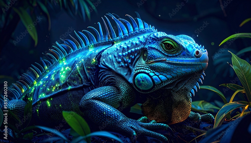 Fototapeta premium Captivating blue iguana with ethereal glow amidst the shadows of the jungle