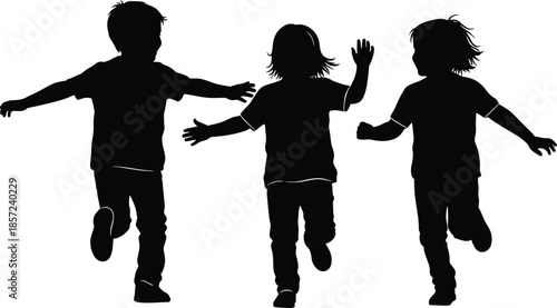 Silhouettes of children running and playing, black figures, group interaction gesture, expressive movement, white background, childhood energy, social engagement