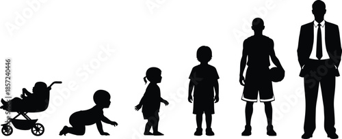 Male life stages silhouettes from baby to adult professional showing growth, development, career, and human life progression concept illustration