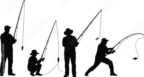 Angler silhouettes holding fishing rods in different action poses illustrating recreational fishing, outdoor sport, leisure activity, and hobby lifestyle concept