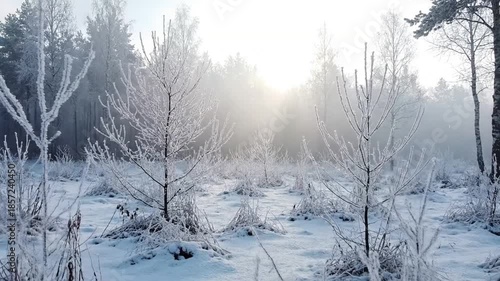 Winter Wonderland Haze frosty haze Wide shot of a snow covered landscape enveloped in a thick, frosty mist. A tranquil, wide shot of