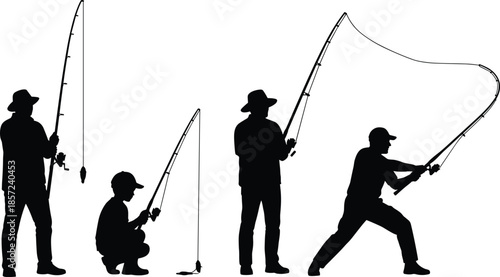Fisherman silhouettes holding fishing rods in different poses illustrating recreational fishing activity, outdoor hobby, sport, and leisure lifestyle concept