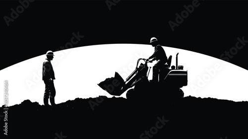 Construction worker silhouette talking to skid steer loader operator, heavy machinery digging earth, industrial site
