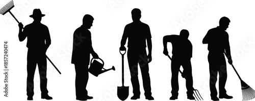 Gardening worker silhouettes holding tools including shovel, rake, and watering can illustrating landscaping, outdoor labor, and maintenance lifestyle concept