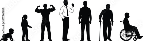 Male life stages silhouettes from baby to elderly including strength, career, disability, and aging concept representing human growth and diversity