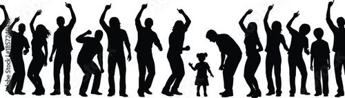 Group of dancing people and child silhouettes celebrating together showing joy, movement, diversity, and social gathering lifestyle concept isolated on white