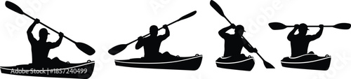 Set of kayak silhouettes, men paddling boats, water sport athletes, summer outdoor activity, cad drawing flat vector illustration
