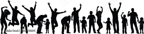 Large group of happy family and children silhouettes jumping, dancing, celebrating together representing joy, unity, diversity, and active family lifestyle concept