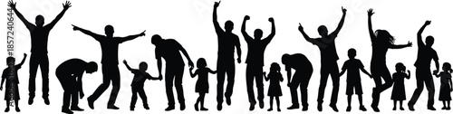 Group of happy family silhouettes with parents and children jumping, playing, celebrating together representing joy, unity, and togetherness concept