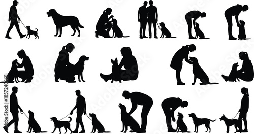 Large collection of people and dog silhouettes showing walking, training, caring, bonding moments representing modern pet ownership lifestyle