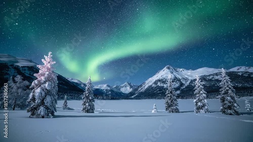 Celestial Dance aurora glow winter Wide shot of aurora borealis majestically sweeping across a vast, snow covered winter landscape
