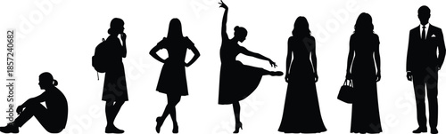 Collection of diverse female and male silhouettes showing lifestyle, fashion, ballet, business, and everyday human poses in minimal black illustration
