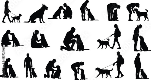 Collection of people and dog silhouettes showing walking, training, caring, and bonding moments illustrating pet ownership lifestyle concept