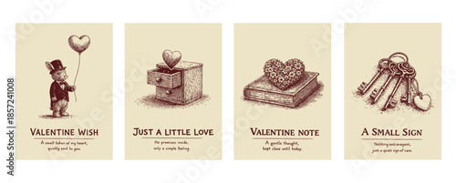 バレンタインモチーフのヴィンテージ調ペン画イラストカードVintage Pen Illustration Valentine Card