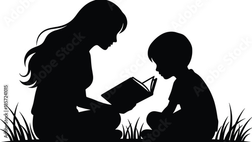 Mother reading a book to child silhouette outdoors, symbolizing education, parenting, childhood learning, family bonding, imagination, and nurturing care.