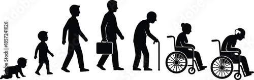 Human life stages silhouettes from infancy to old age, illustrating aging process, mobility decline, disability, career journey, and lifespan concept.